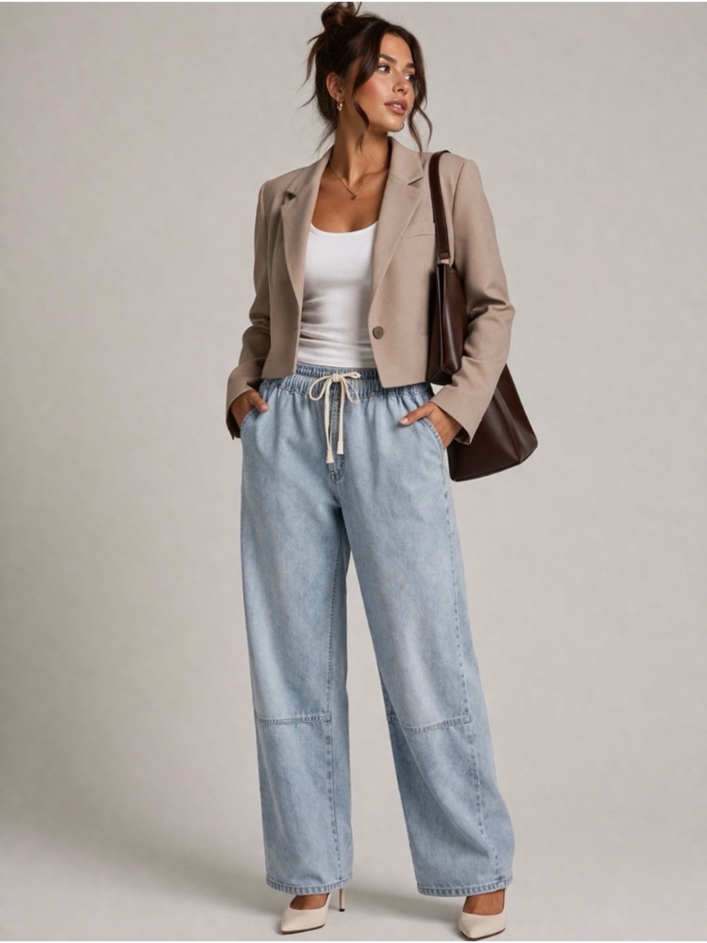 Easel Light Wash Barrel Jeans Size Small Elastic Waist Drawstring Denim Pants